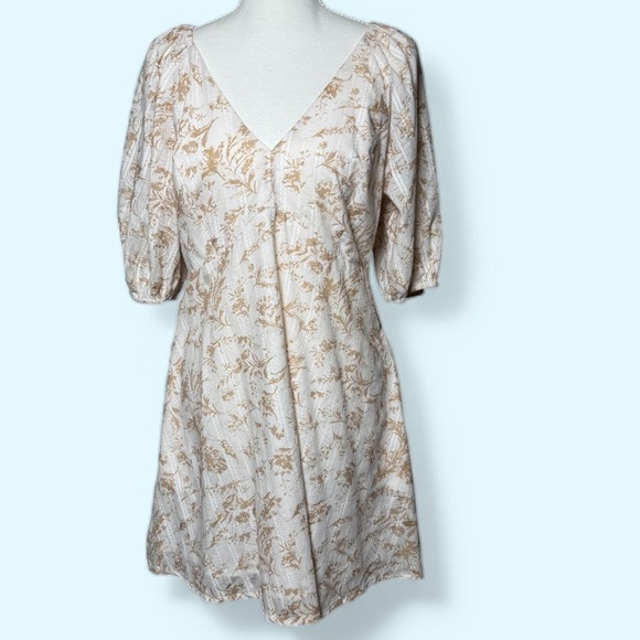 Lucy Paris Floral V-Neck Puff Sleeve Mini Dress Beige Women's Medium - Picture 1 of 10